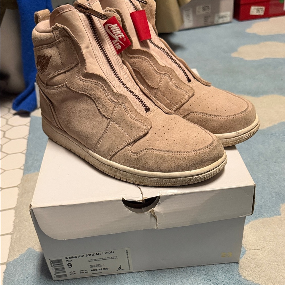 Nike Air Jordan 1 High Tan Zipper Sneakers, size 9